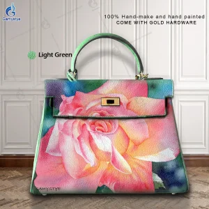 Women'S Fashion Bags Luxury Designer Brands Blooming pink flowers Messenger Bag Street Artisc Hand Draw Bag 100% Cowhide Leather