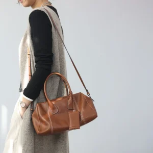 Women's Luxury Vintage And Elegant Zipper Tote Genuine Leather Handbag For Working Single Shoulder And Crossbody Bags